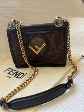 Fendi Brown and Black FF Logo Chain Shoulder Bag with Gold Hardware